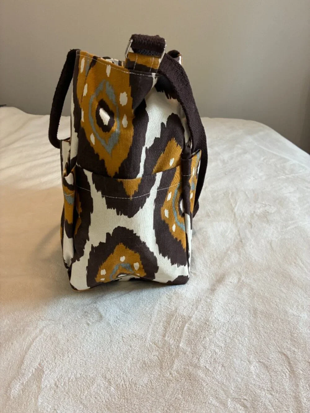 Rock Flower Paper Canvas Tote Bag Shoulder Bag Multi Pocket Brown Mustard